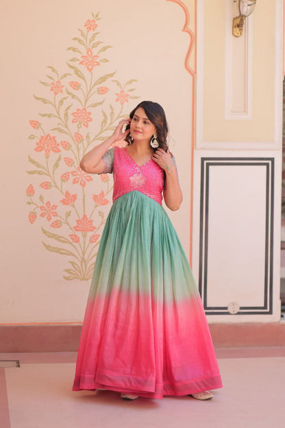 Gold Crush Designer Gown | Beads Embroidery | V Neck | Fully Stitched