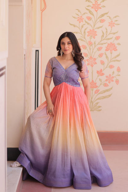 Gold Crush Designer Gown | Beads Embroidery | V Neck | Fully Stitched