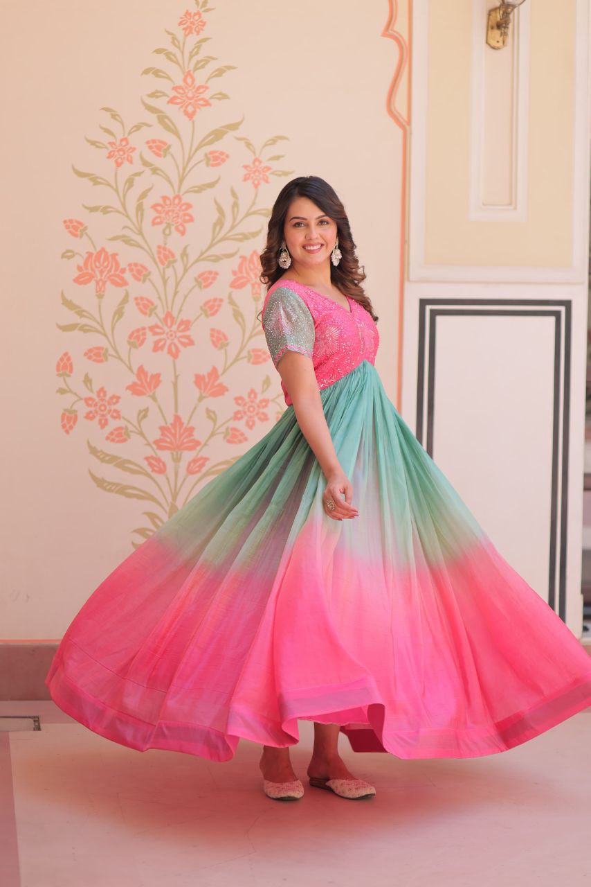 Gold Crush Designer Gown | Beads Embroidery | V Neck | Fully Stitched