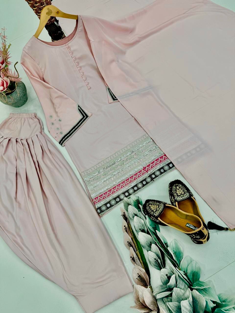 Premium Designer Pink Crepe Embroidered Palazzo Set with Dupatta