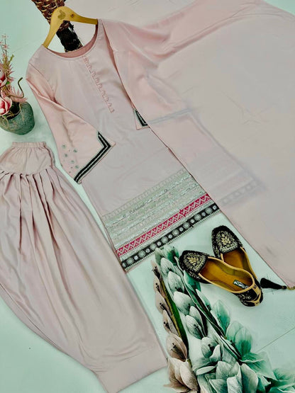 Premium Designer Pink Crepe Embroidered Palazzo Set with Dupatta