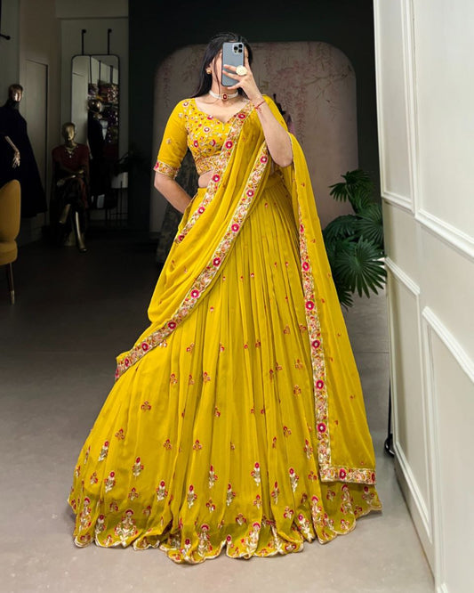 Haldi Special Georgette Lehenga Choli – Sequins & Thread Embroidery Work