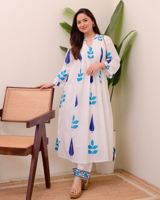 Hand Block Printed Mul Cotton Kurta Set with Pintucks | Side Pocket Kurti & Bottom Set | Summer Special