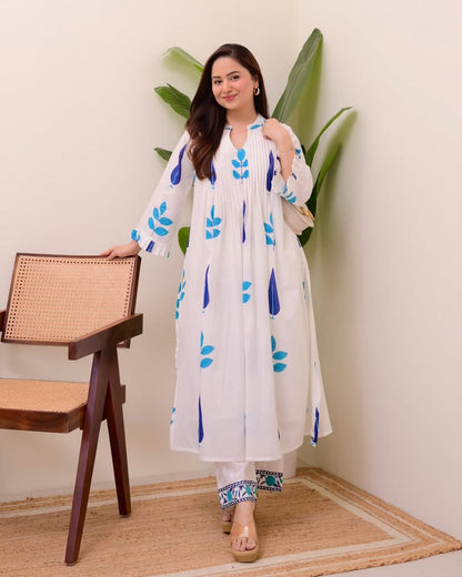 Hand Block Printed Mul Cotton Kurta Set with Pintucks | Side Pocket Kurti & Bottom Set | Summer Special
