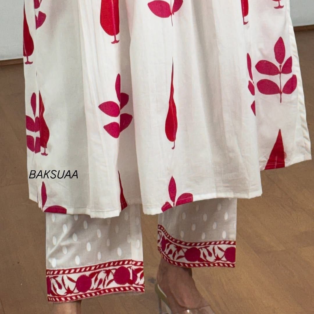 Hand Block Printed Mul Cotton Kurta Set with Pintucks | Side Pocket Kurti & Bottom Set | Summer Special