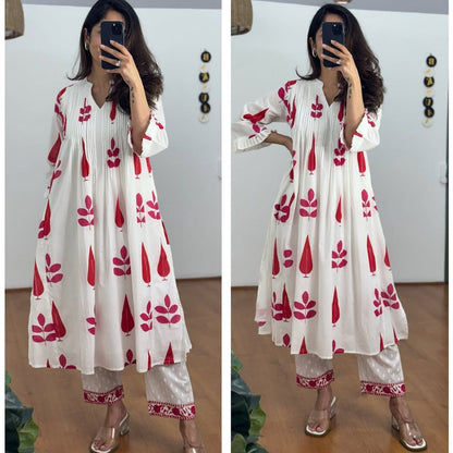 Hand Block Printed Mul Cotton Kurta Set with Pintucks | Side Pocket Kurti & Bottom Set | Summer Special