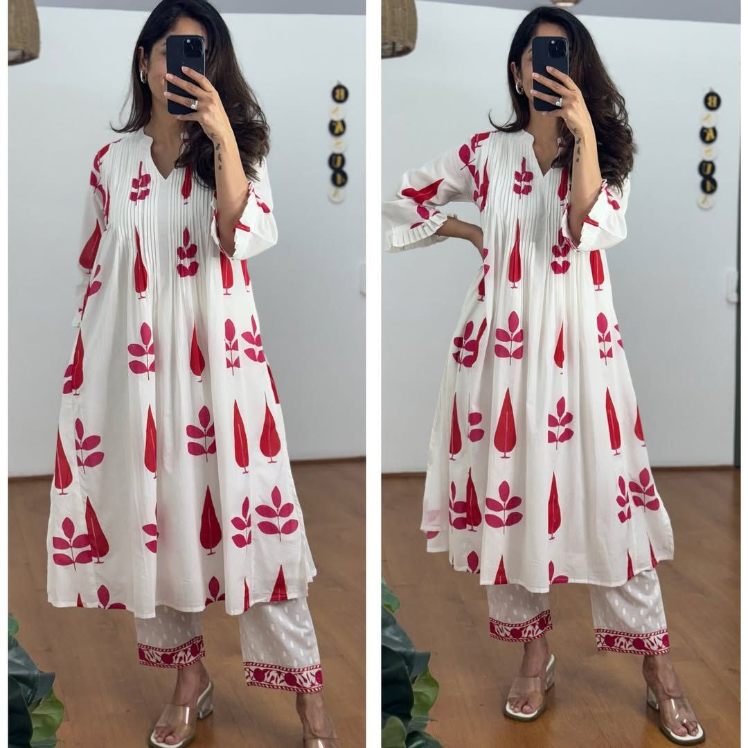 Hand Block Printed Mul Cotton Kurta Set with Pintucks | Side Pocket Kurti & Bottom Set | Summer Special