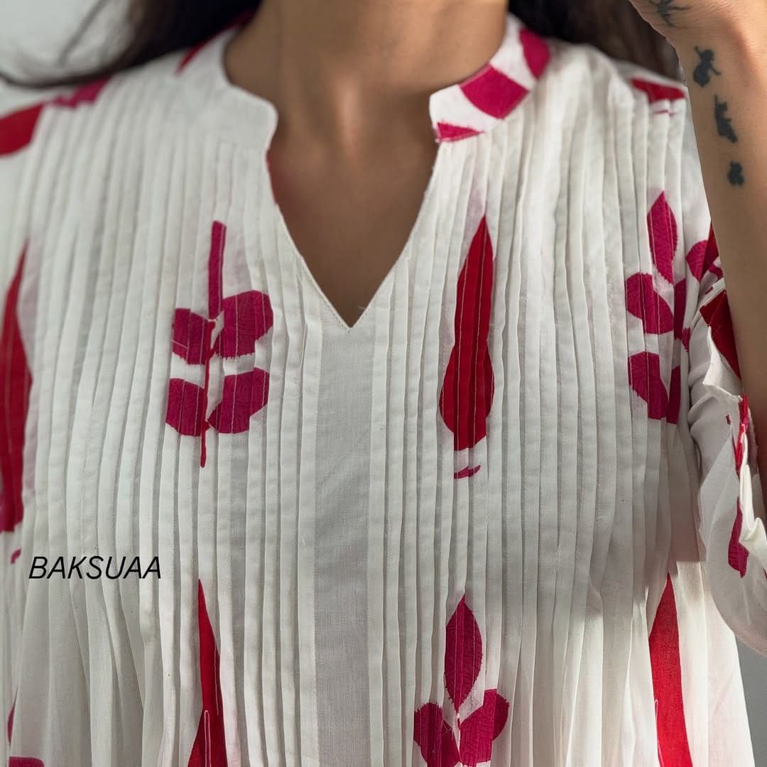 Hand Block Printed Mul Cotton Kurta Set with Pintucks | Side Pocket Kurti & Bottom Set | Summer Special