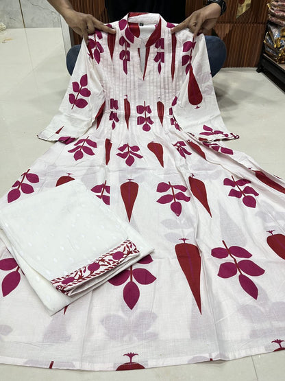 Hand Block Printed Mul Cotton Kurta Set with Pintucks | Side Pocket Kurti & Bottom Set | Summer Special