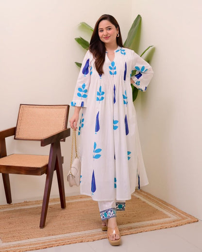 Hand Block Printed Mul Cotton Kurta Set with Pintucks | Side Pocket Kurti & Bottom Set | Summer Special