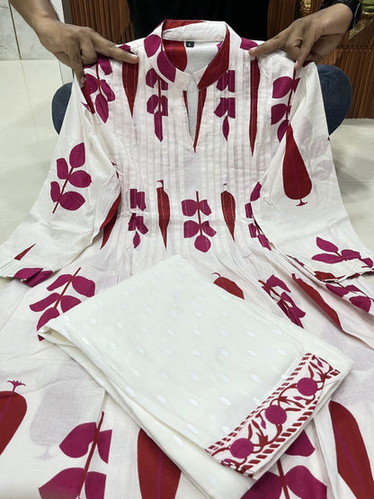 Hand Block Printed Mul Cotton Kurta Set with Pintucks | Side Pocket Kurti & Bottom Set | Summer Special