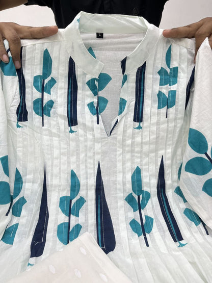 Hand Block Printed Mul Cotton Kurta Set with Pintucks | Side Pocket Kurti & Bottom Set | Summer Special