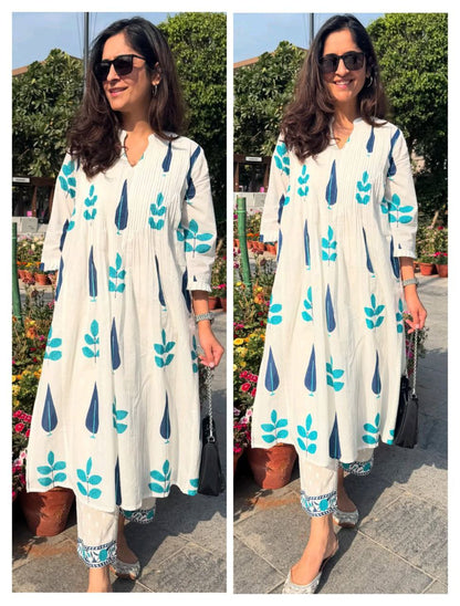 Hand Block Printed Mul Cotton Kurta Set with Pintucks | Side Pocket Kurti & Bottom Set | Summer Special
