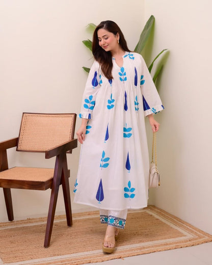 Hand Block Printed Mul Cotton Kurta Set with Pintucks | Side Pocket Kurti & Bottom Set | Summer Special