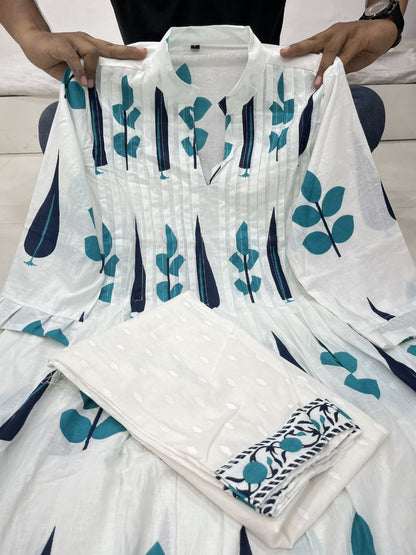 Hand Block Printed Mul Cotton Kurta Set with Pintucks | Side Pocket Kurti & Bottom Set | Summer Special
