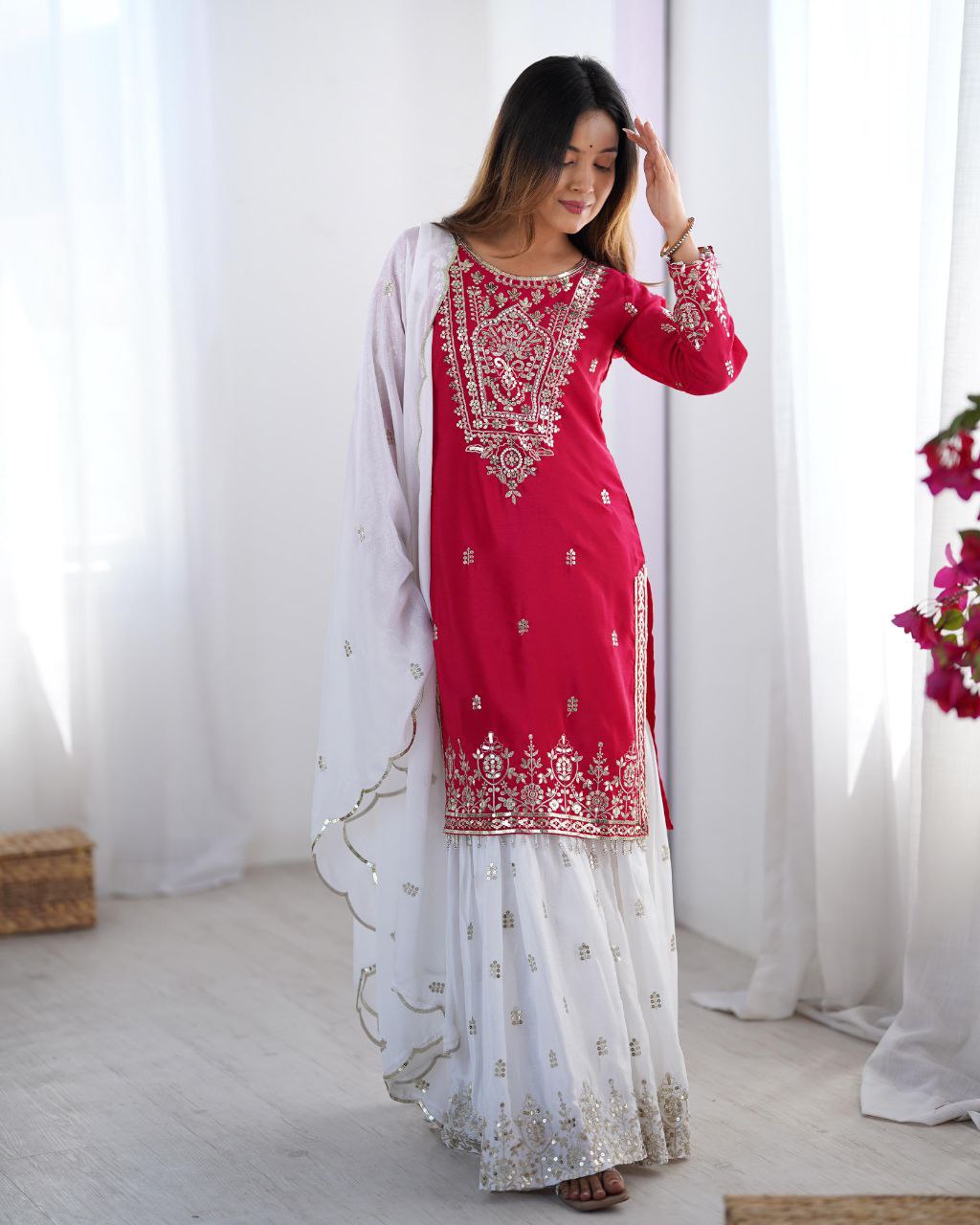 Heavy Chinnon Embroidered Sharara Set with Dupatta | Party Wear for Women | 5mm Sequence Work