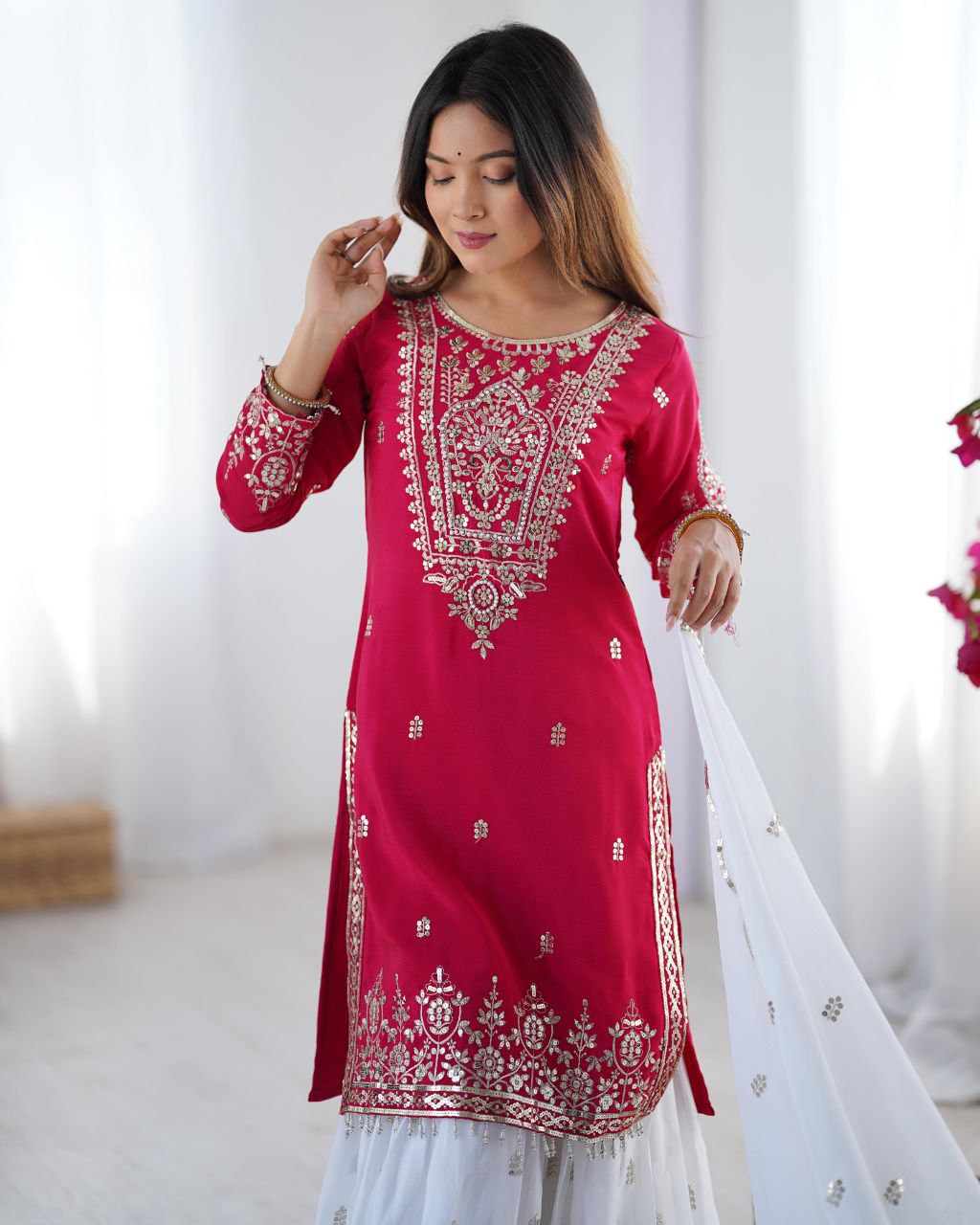 Heavy Chinnon Embroidered Sharara Set with Dupatta | Party Wear for Women | 5mm Sequence Work