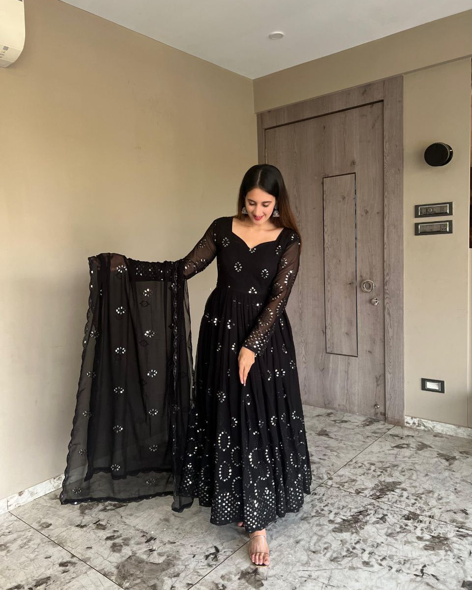 Heavy Faux Georgette Anarkali Gown Suit with Dupatta & Pant | 9mm Sequin Embroidery