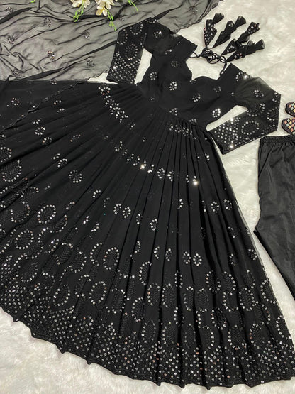 Heavy Faux Georgette Anarkali Gown Suit with Dupatta & Pant | 9mm Sequin Embroidery