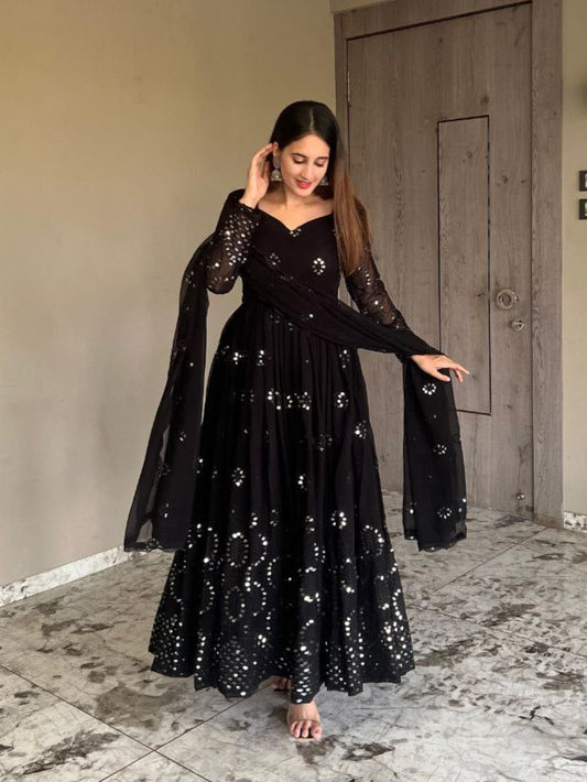 Heavy Faux Georgette Anarkali Gown Suit with Dupatta & Pant | 9mm Sequin Embroidery