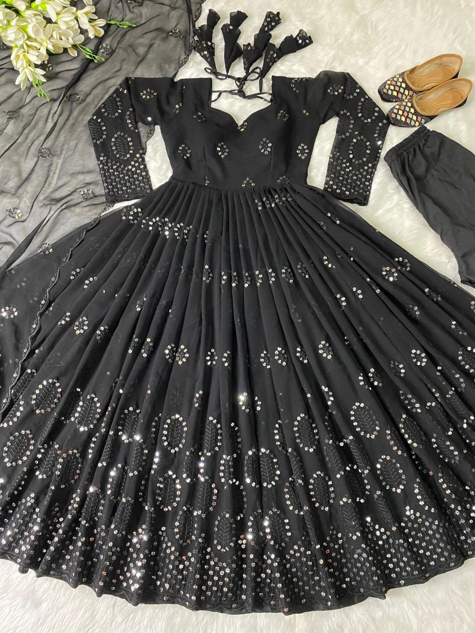 Heavy Faux Georgette Anarkali Gown Suit with Dupatta & Pant | 9mm Sequin Embroidery
