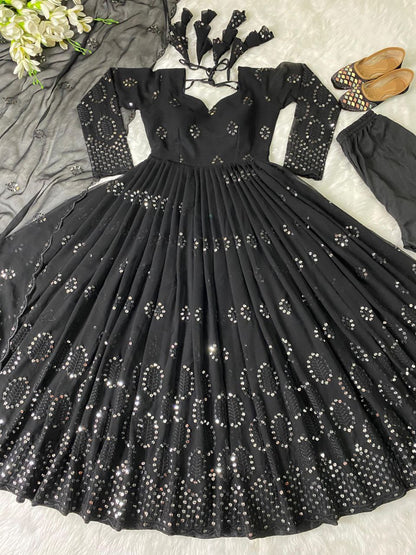 Heavy Faux Georgette Anarkali Gown Suit with Dupatta & Pant | 9mm Sequin Embroidery