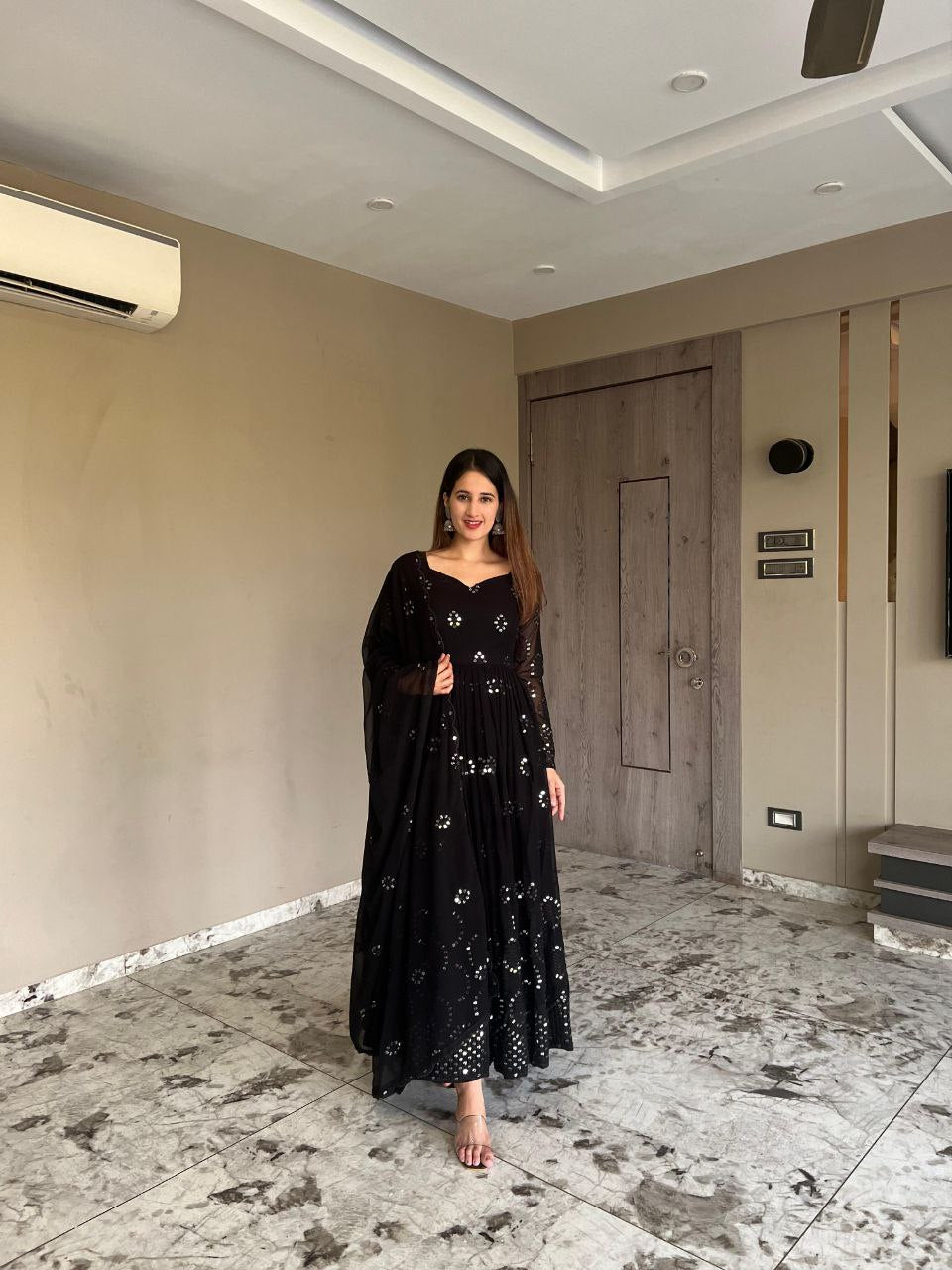 Heavy Faux Georgette Anarkali Gown Suit with Dupatta & Pant | 9mm Sequin Embroidery