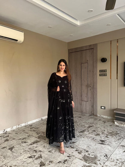 Heavy Faux Georgette Anarkali Gown Suit with Dupatta & Pant | 9mm Sequin Embroidery