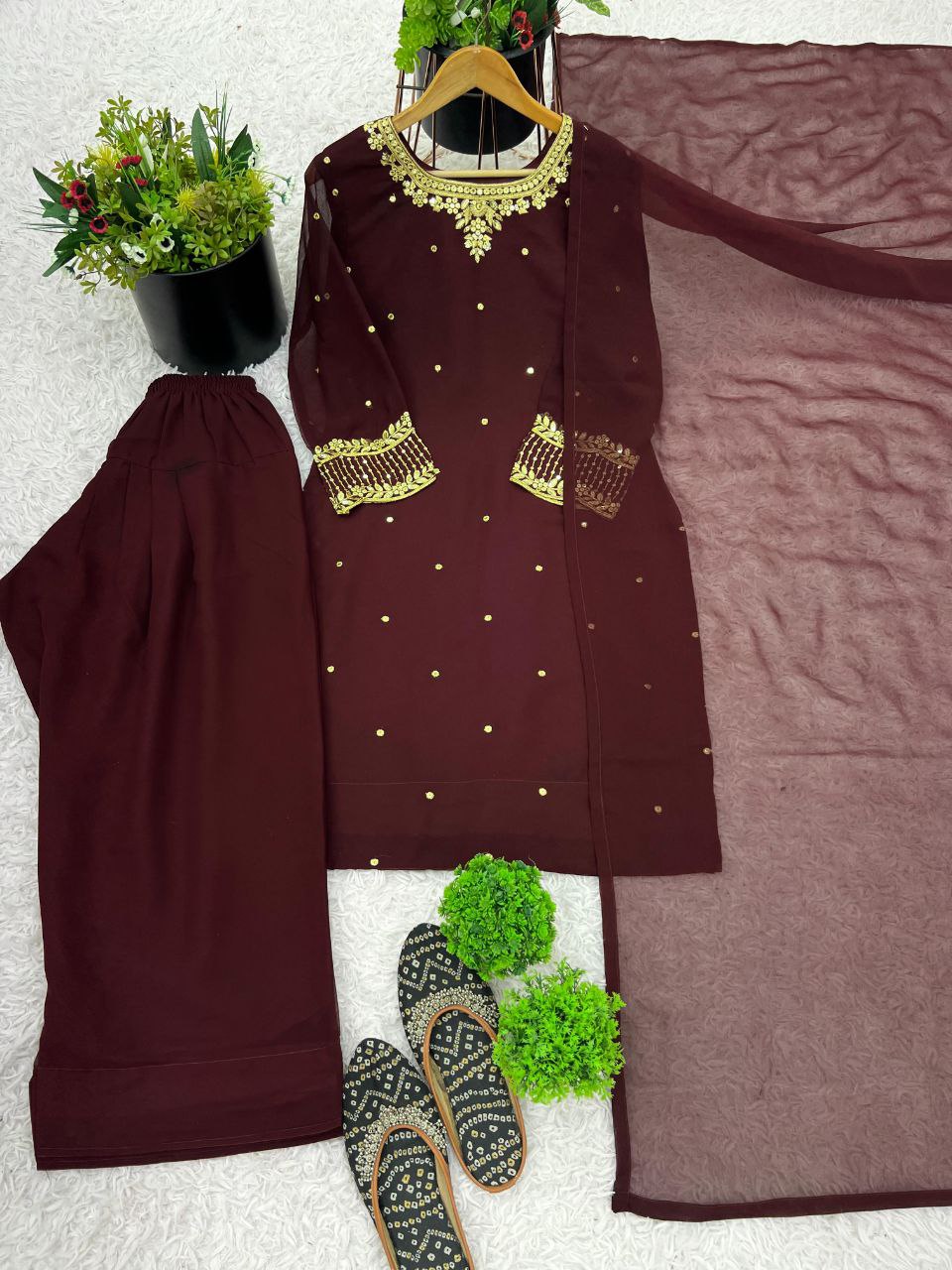 Heavy Faux Georgette Designer Suit Set – Embroidered Top, Farshi Pant & Dupatta