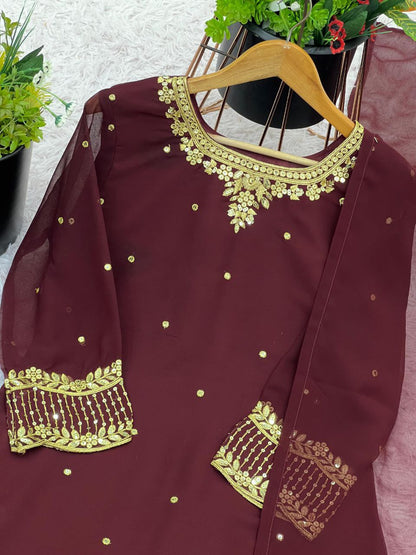 Heavy Faux Georgette Designer Suit Set – Embroidered Top, Farshi Pant & Dupatta