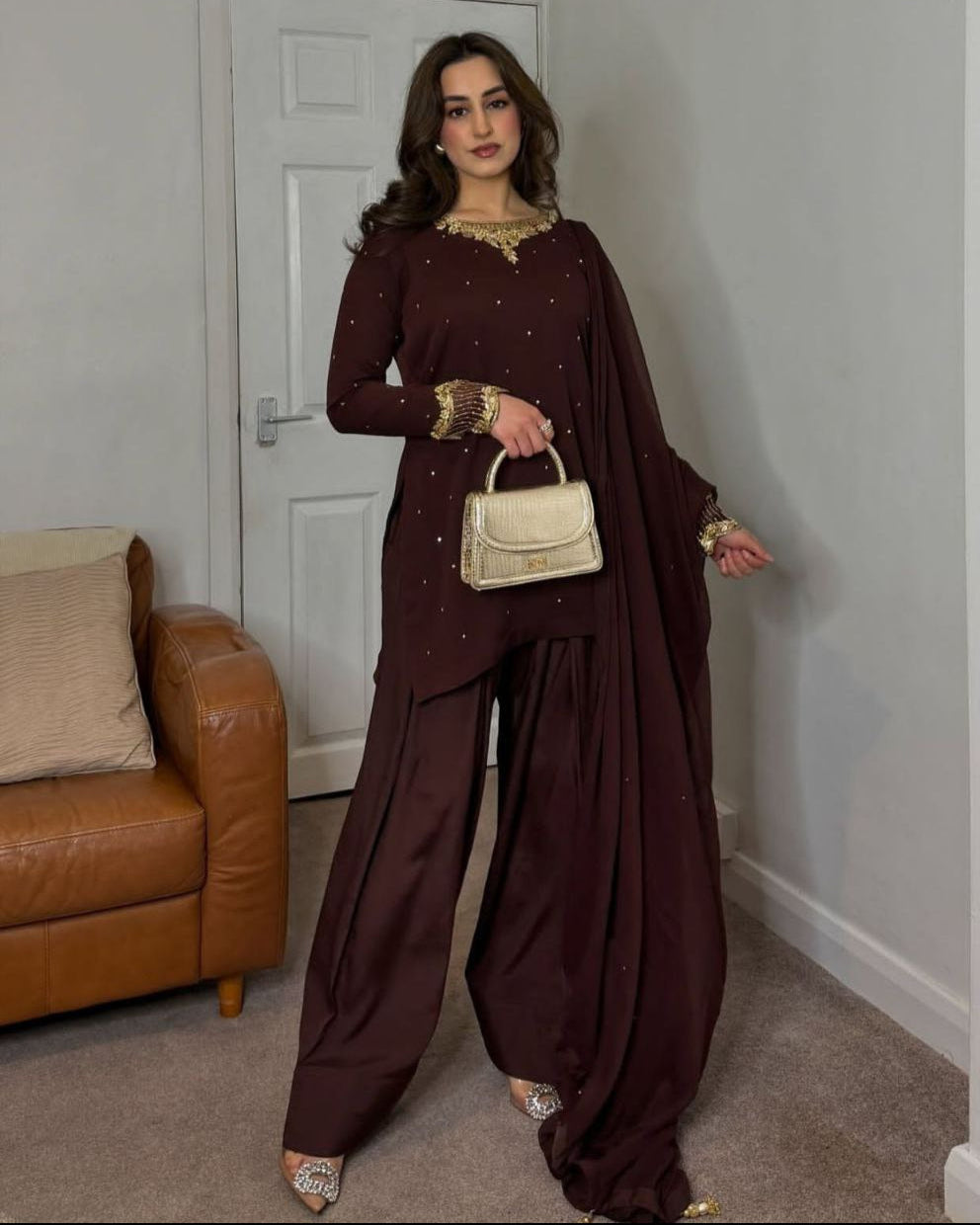 Heavy Faux Georgette Designer Suit Set – Embroidered Top, Farshi Pant & Dupatta