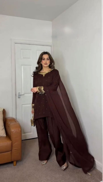 Heavy Faux Georgette Designer Suit Set – Embroidered Top, Farshi Pant & Dupatta