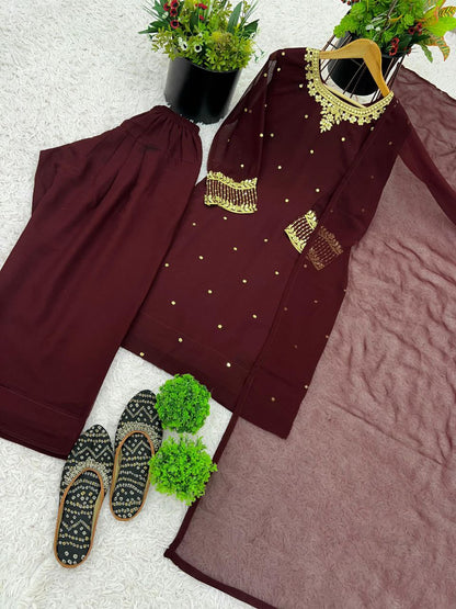 Heavy Faux Georgette Designer Suit Set – Embroidered Top, Farshi Pant & Dupatta