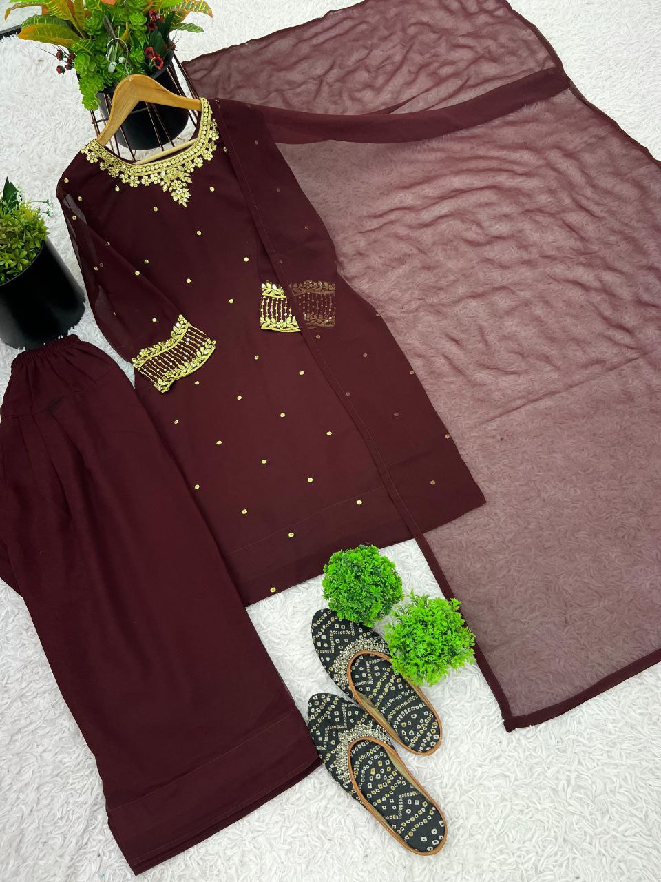 Heavy Faux Georgette Designer Suit Set – Embroidered Top, Farshi Pant & Dupatta