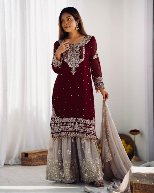 Heavy Faux Georgette Embroidered Palazzo Suit Set for Women | Dori & Sequence Work | Full Stitched with Dupatta