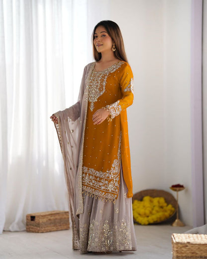 Heavy Faux Georgette Embroidered Plazzo Suit Set with Dupatta | Coding Dori & Sequence Work