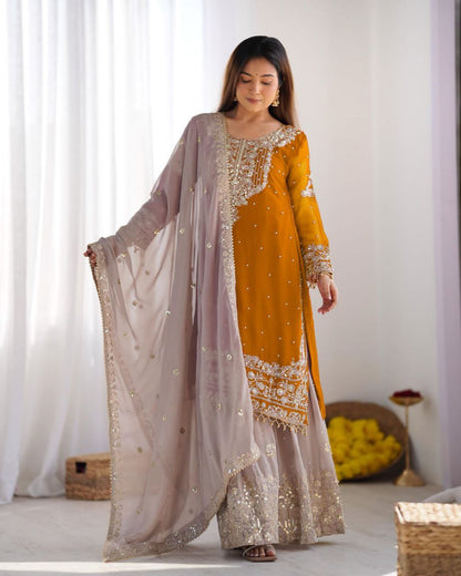 Heavy Faux Georgette Embroidered Plazzo Suit Set with Dupatta | Coding Dori & Sequence Work