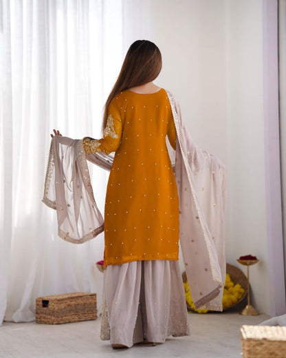 Heavy Faux Georgette Embroidered Plazzo Suit Set with Dupatta | Coding Dori & Sequence Work
