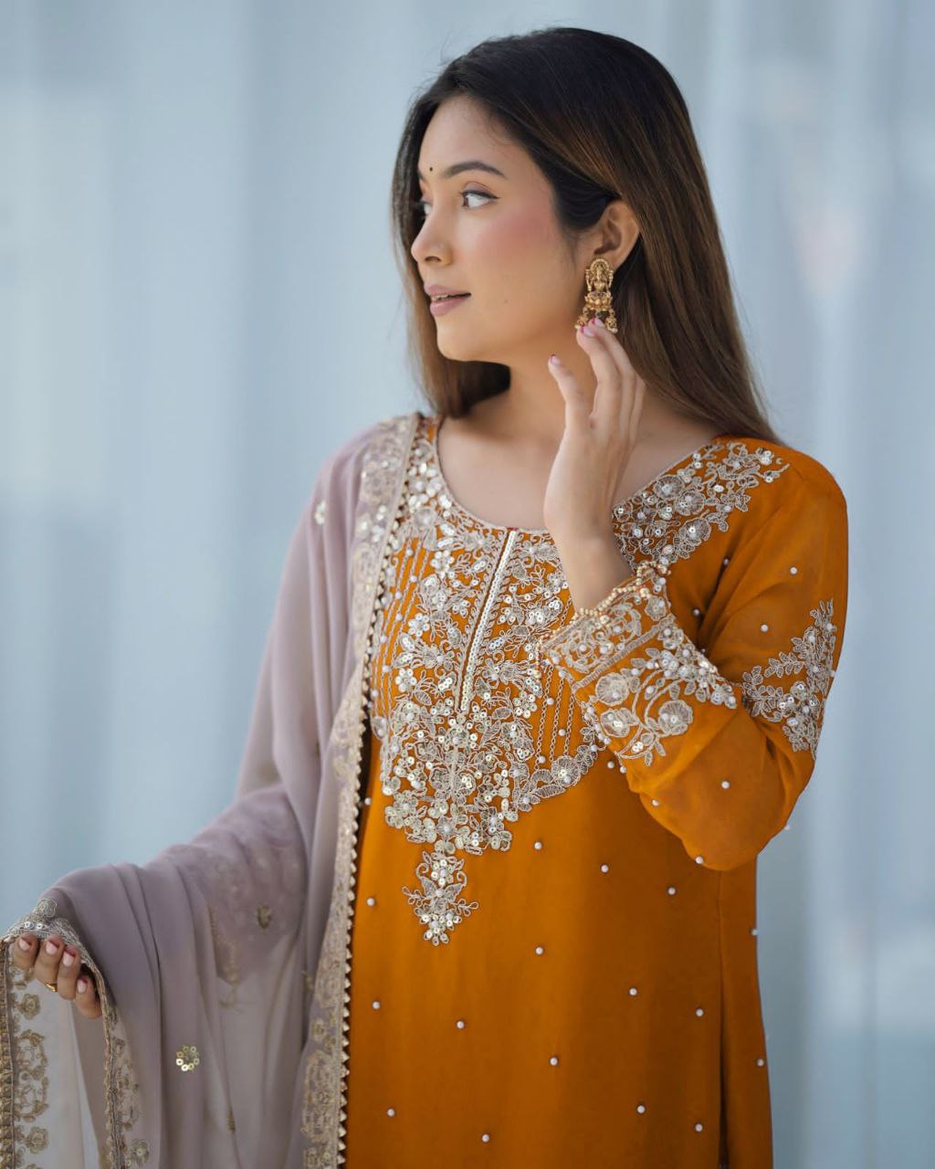 Heavy Faux Georgette Embroidered Plazzo Suit Set with Dupatta | Coding Dori & Sequence Work