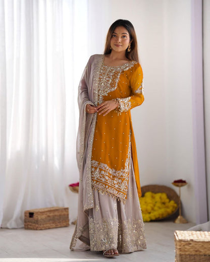 Heavy Faux Georgette Embroidered Plazzo Suit Set with Dupatta | Coding Dori & Sequence Work