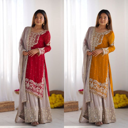 Heavy Faux Georgette Embroidered Plazzo Suit Set with Dupatta | Coding Dori & Sequence Work
