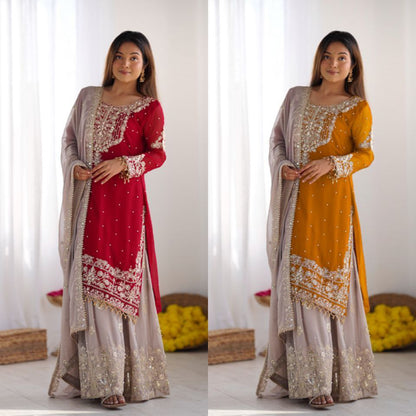 Heavy Faux Georgette Embroidered Plazzo Suit Set with Dupatta | Coding Dori & Sequence Work