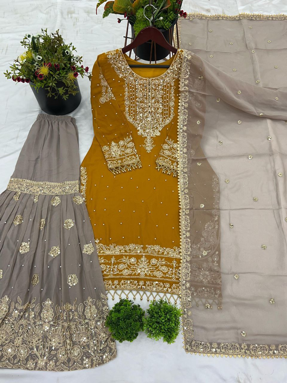 Heavy Faux Georgette Embroidered Plazzo Suit Set with Dupatta | Coding Dori & Sequence Work