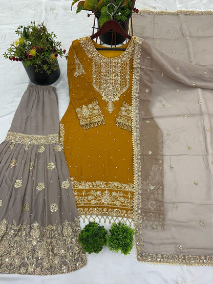 Heavy Faux Georgette Embroidered Plazzo Suit Set with Dupatta | Coding Dori & Sequence Work