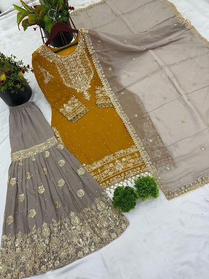 Heavy Faux Georgette Embroidered Plazzo Suit Set with Dupatta | Coding Dori & Sequence Work