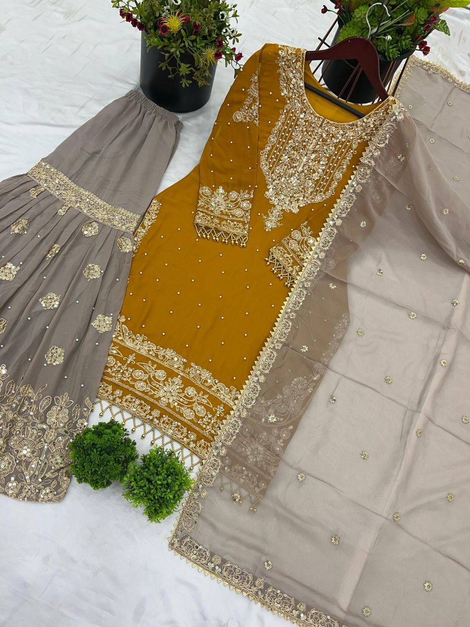 Heavy Faux Georgette Embroidered Plazzo Suit Set with Dupatta | Coding Dori & Sequence Work