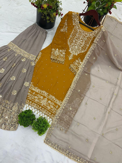 Heavy Faux Georgette Embroidered Plazzo Suit Set with Dupatta | Coding Dori & Sequence Work