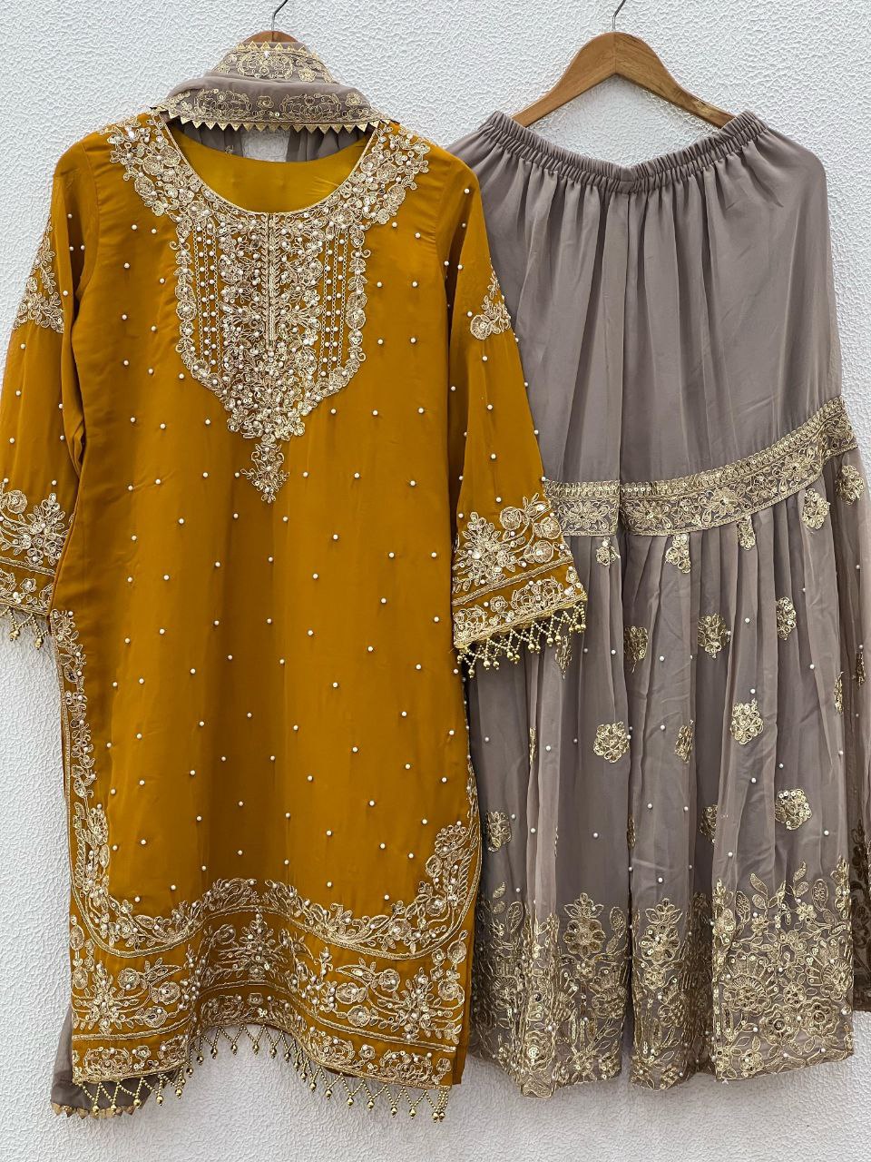 Heavy Faux Georgette Embroidered Plazzo Suit Set with Dupatta | Coding Dori & Sequence Work
