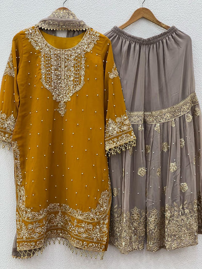 Heavy Faux Georgette Embroidered Plazzo Suit Set with Dupatta | Coding Dori & Sequence Work