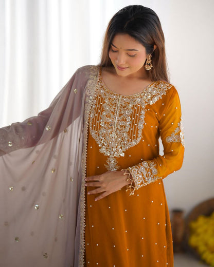 Heavy Faux Georgette Embroidered Plazzo Suit Set with Dupatta | Coding Dori & Sequence Work